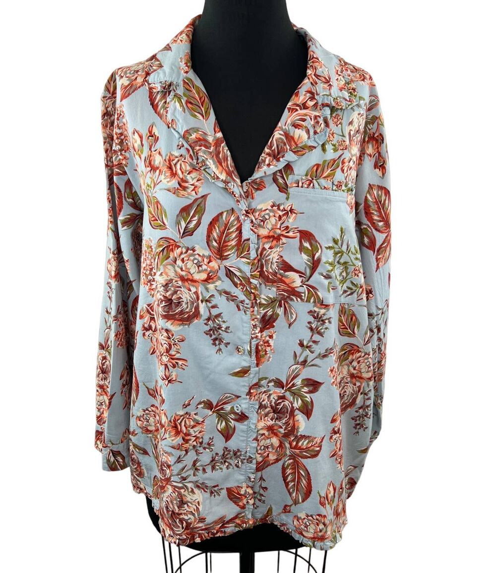 Soft Surroundings Blue Pink Floral Button-Up Sleep Shirt Cotton Blend Ruffle L